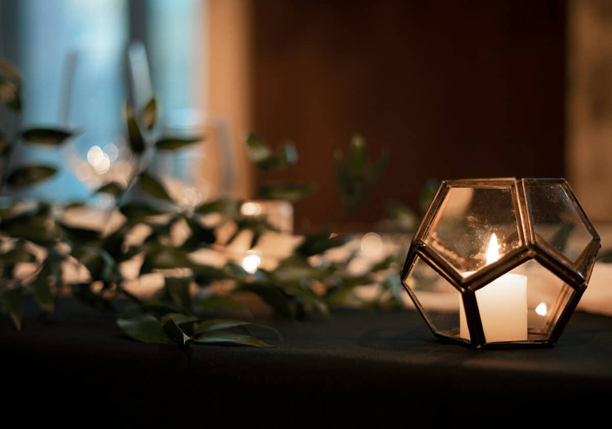 A closeup of a candle inside pentagonal glass case, with olive vine blurred out in the backgound